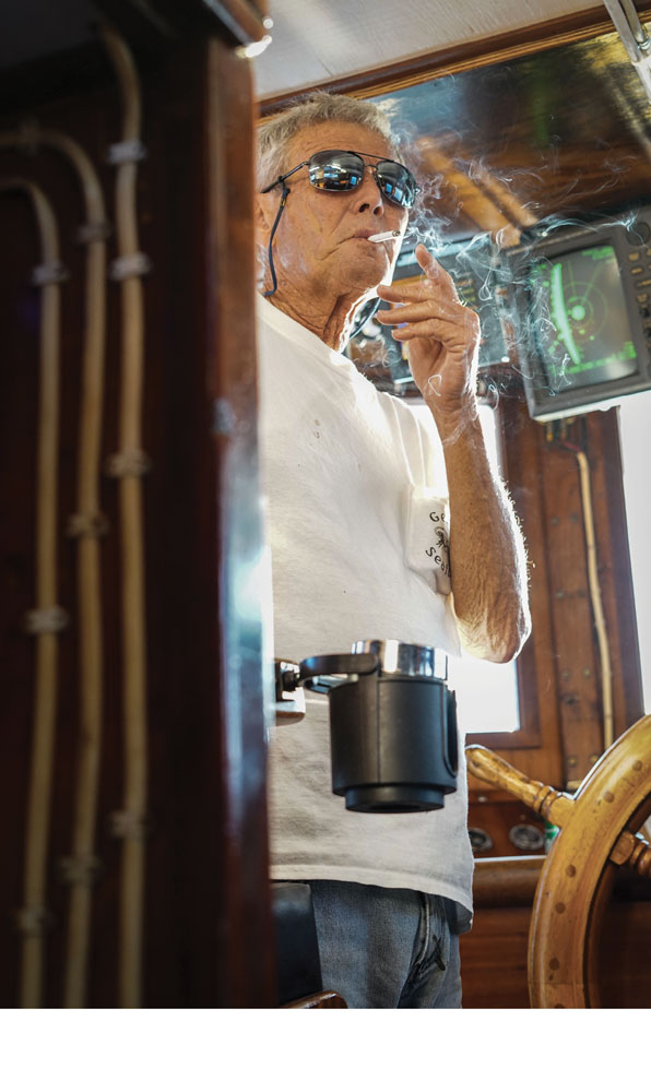 Captain Bubba, who has been in the trade for most of his lifetime, takes a long drag off a cigarette as he scans the horizon and sets course. A stoic and matter-of-fact man, he comments on the capricious nature of shrimp. Plans can be laid, and the best preparations made, but “the shrimp don’t give a damn.”