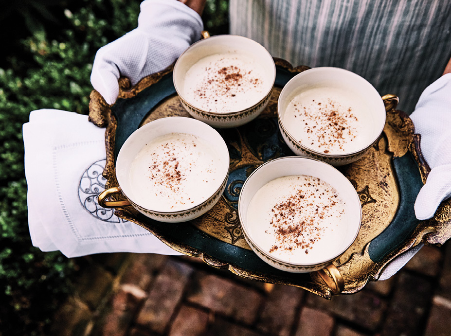 The classic Christmas tipple, eggnog, feels utterly luxurious when homemade and served on a platter of gold and emerald