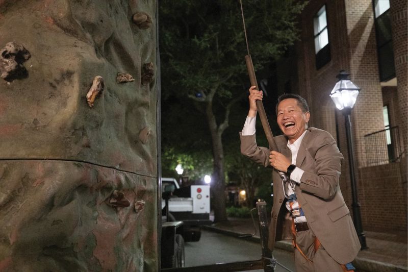 On the climbing wall during his inauguration festivities in October 2019