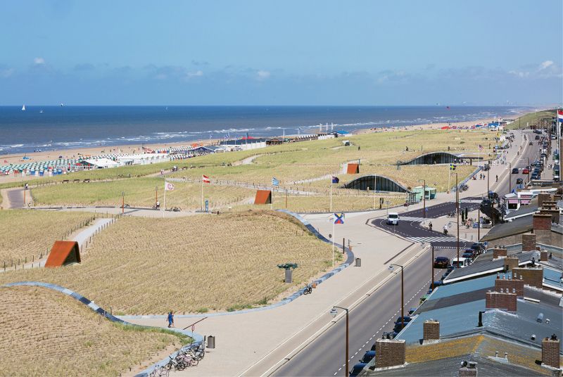 In the tourist beach town of Katwijk on the North Sea, Dutch architects designed a series of man-made dunes rising 25 feet above sea level that not only provide protection from storm surge and future sea level rise but parking facilities underneath for nearly 700 cars, all integrated into the natural coastal environment. The design won Best Building of the Year 2016 by the Royal Institute of Dutch Architects.