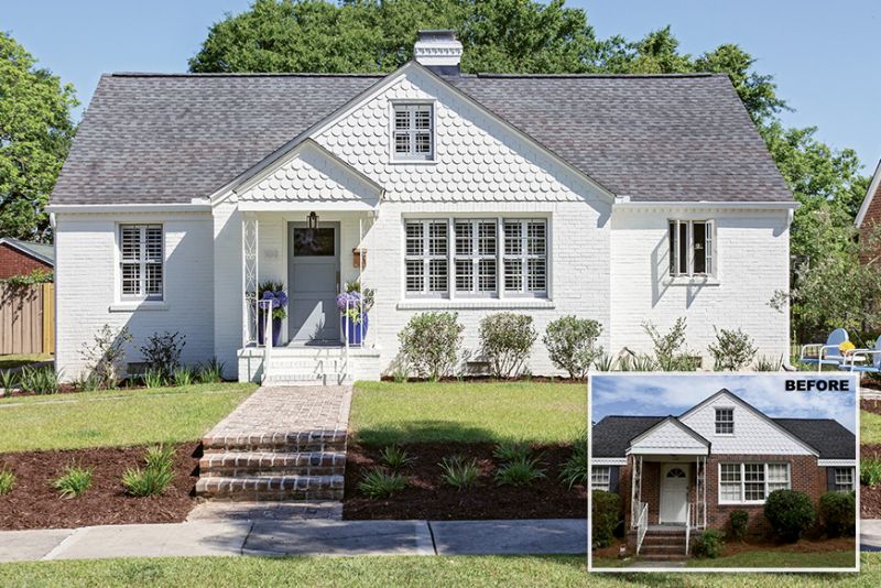 FRESH FACED: To camouflage brick patchwork and better blend the scallop detailing with the rest of the façade, homeowner Rachel Levkowicz had the exterior coated in Benjamin Moore’s “White Dove,” using Sherwin Williams’ “African Gray” as an accent hue. Other Side of the River constructed the property’s new walkway. “It’s one of my favorite things I added to the house,” says Rachel