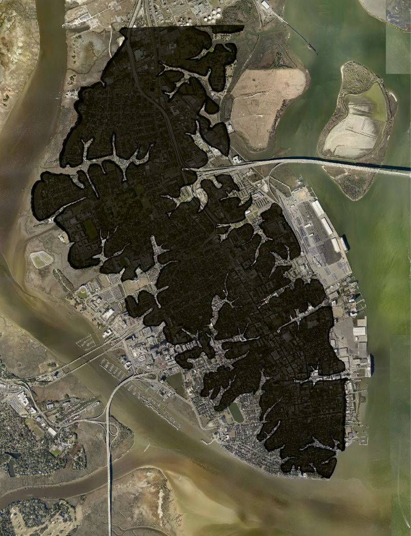 ... and the map is overlaid on a current aerial image, indicating areas that once were waterways.