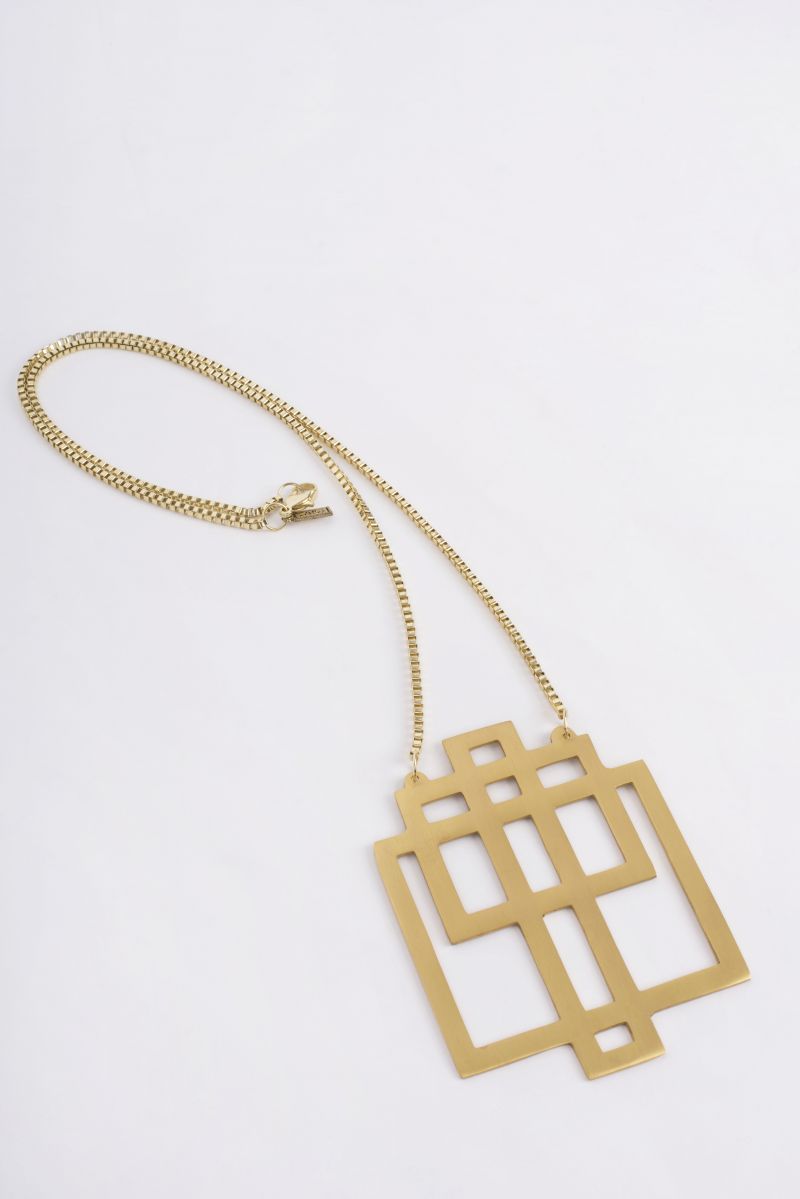 Ink + Alloy Geometric squared brass pendant with gold chain, $78 at V2V