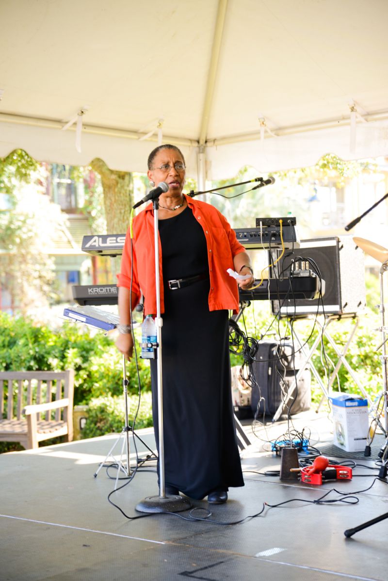 Jazz and blues singer Ann Caldwell warms up her vocal chords