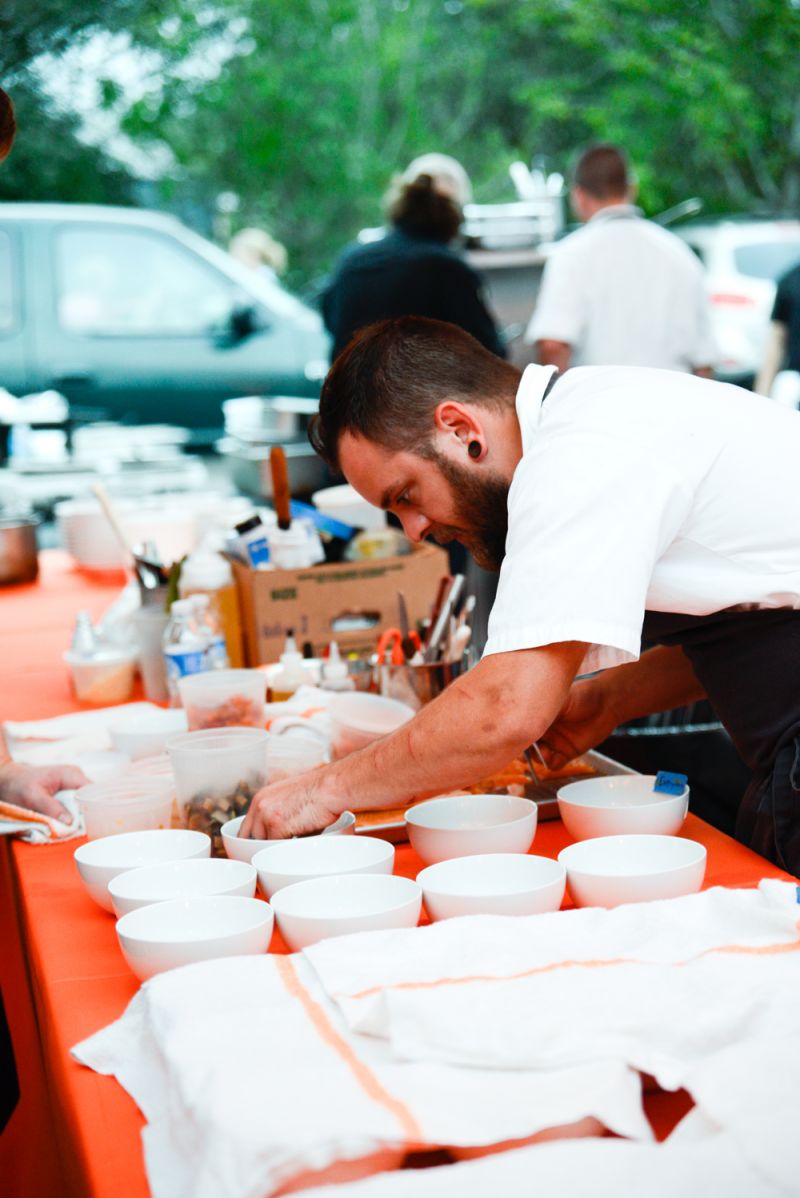 Chef Josh Keeler of Two Boroughs Larder prepped his smoked trout, oats, sunchoke, and nasturtium dish