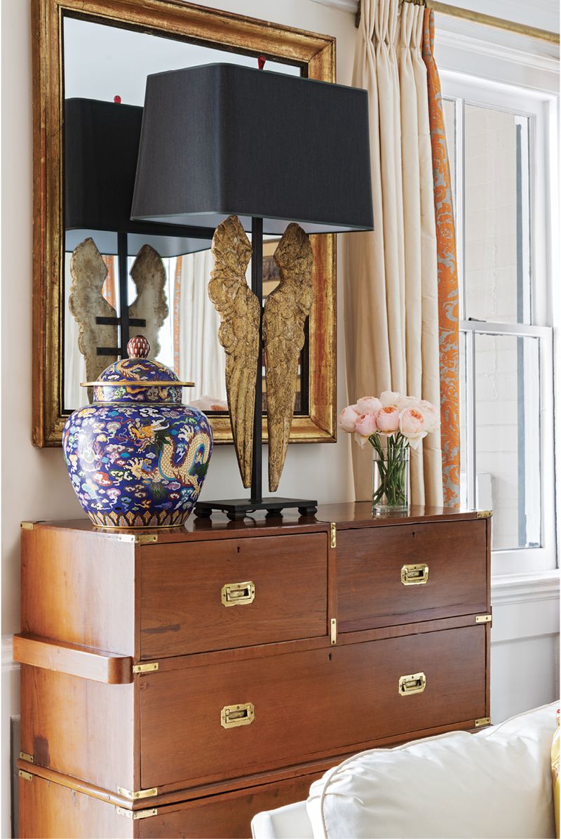 A pair of Anglo-Indian campaign chests used by Gene’s grandparents while working in Southeast Asia stand sentinel in the formal room.