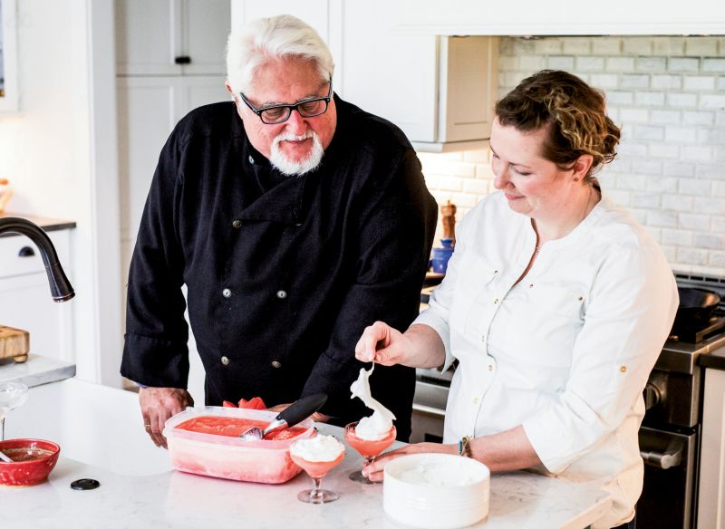 MariElena scoops strawberry elderflower sorbet into glasses and then tops the desserts with marshmallow fluff. The sticky stuff combines well with the smooth, frozen treat.