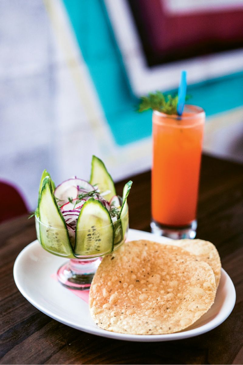 FIERY FLAVOR: Seriously spicy aguachile is tempered with a refreshing tequila, ginger, and carrot cocktail.