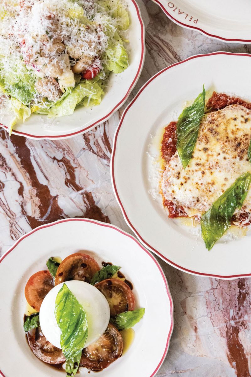 the salad with salami, provolone, and gigante beans + chicken parm; and mozzarella caprese