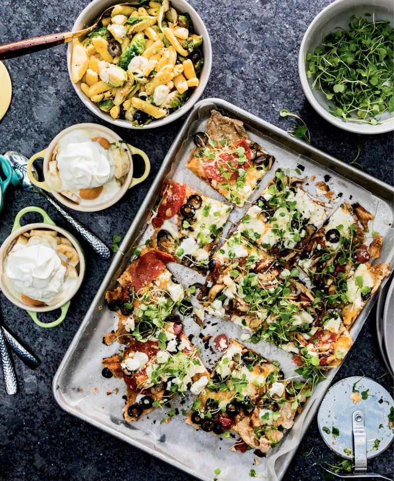 With two active boys in the house, carbs are a must; Postell makes the meal healthy with whole wheat pizza dough and loads of fresh veggies.