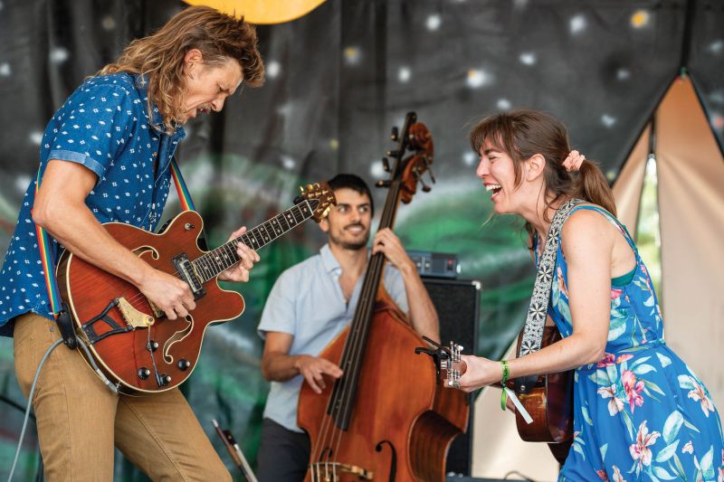 Joel with Ethan Jodziewicz and Maya de Vitry at Maine’s Ossipee Valley Music Festival last summer.