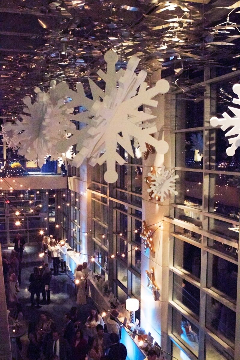 The aquarium was decked out in shimmering snowflakes and lights.