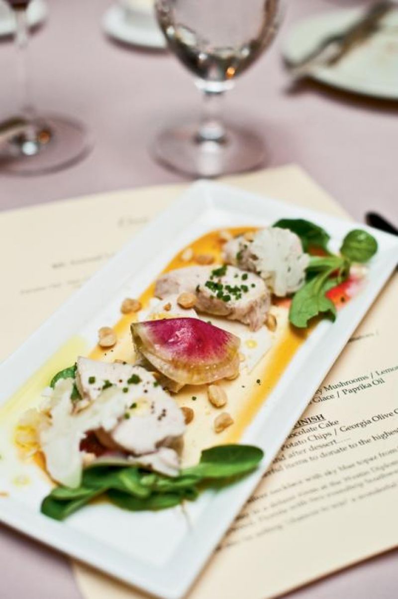 Ashley Farms chicken breast with mache, roasted peanuts, cauliflower, radish, and sour peach gastrique