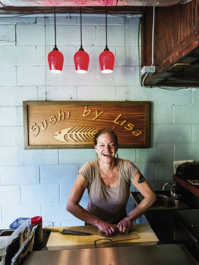 The menu includes salads, sandwiches, and Tex-Mex fare, as well as hand-rolled sushi by Lisa on Tuesday through Friday nights.