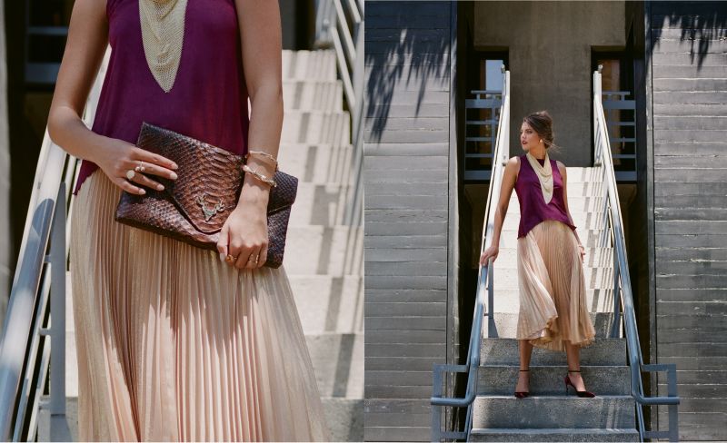 Pretty in Pleats: Bishop + Young “Paulina” suede tank, $100 at Copper Penny; Nicole Miller Collection silk “Metallic Sunburst Pleat Skirt,” $395 at Out of Hand; 18K white-gold earrings with yellow sapphires and diamonds, $6,590 at Kiawah Fine Jewelry; WORKSTEAD 14K yellow-gold “Chainmaille Cowl Necklace,” price upon request at WORKSTEAD; Jimmy Choo “Lucy” half d’Orsay velvet pump, $750 at Gwynn’s of Mount Pleasant. (Opposite) Taxidermy “Katie“ python envelope clutch in “Havana,“ $995 at Finicky Filly; Gucci 18K yellow-gold large bamboo bangle, $6,750, and small bamboo bangle, $3,450, both at REEDS Jewelers; 14K yellow-gold ring with eight-carat citrine and .22 carat of diamonds, price upon request at Diamonds Direct; Frieda Rothman pavé disc ring, $160 at Croghan’s Jewel Box; and Martha Calvo double bead ring, $130, and gold bar ring, $130, both at Port Mercantile