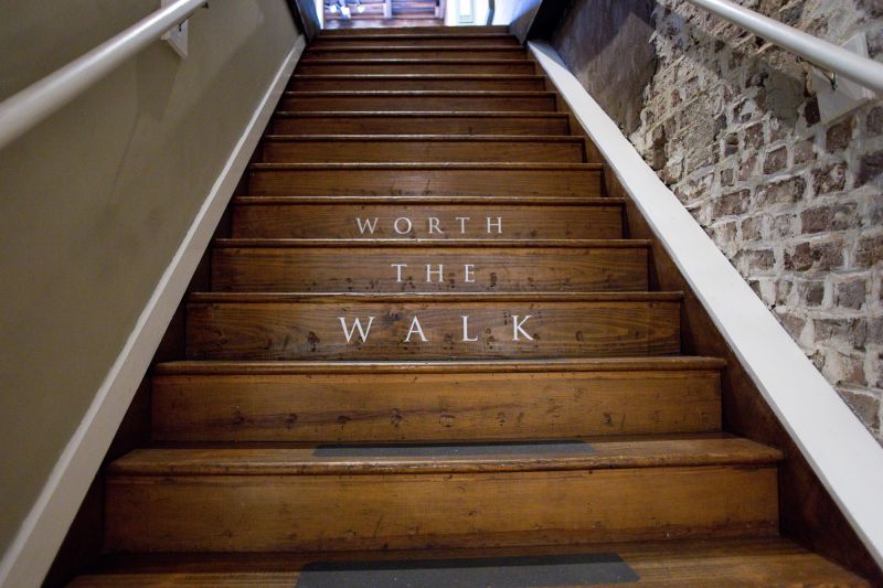 “Worth the Walk,” this staircase connects the first story studio with the second story studio at Robert Lange, built to create better light for artist and gallery owner Lange as he works.