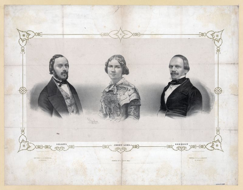 A lithograph of Lind with her first accompanist Giovanni Belletti and composer/conductor Jules Benedict.