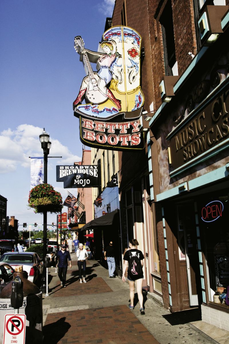 On Broadway, home to live music, stores for cowboy boots and guitar picks, and record shops.