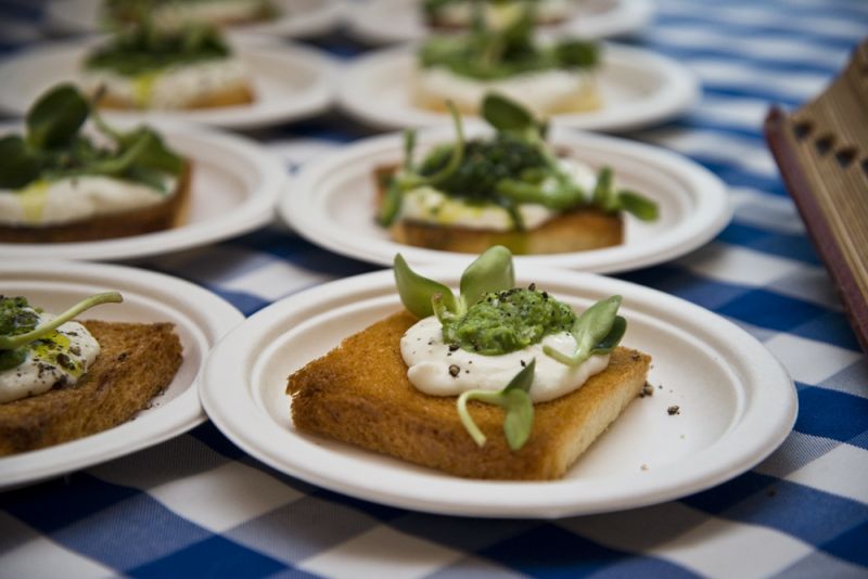 The staff of Edmund&#039;s Oast prepared a delectable ricotta on brioche, shelling pea pate, pea shoot &amp; mint pistou.