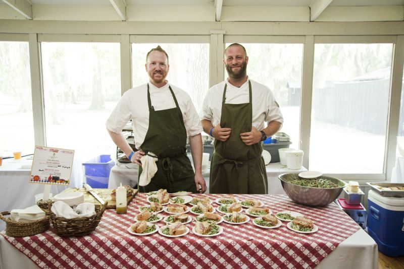 Cypress chefs Craig Deihl and Bob Cook serve the crowds a delicious salami sandwich and English pea salad using ingredients from Keegan-Filion, Rosebank Farms, and Rebllion Farms.