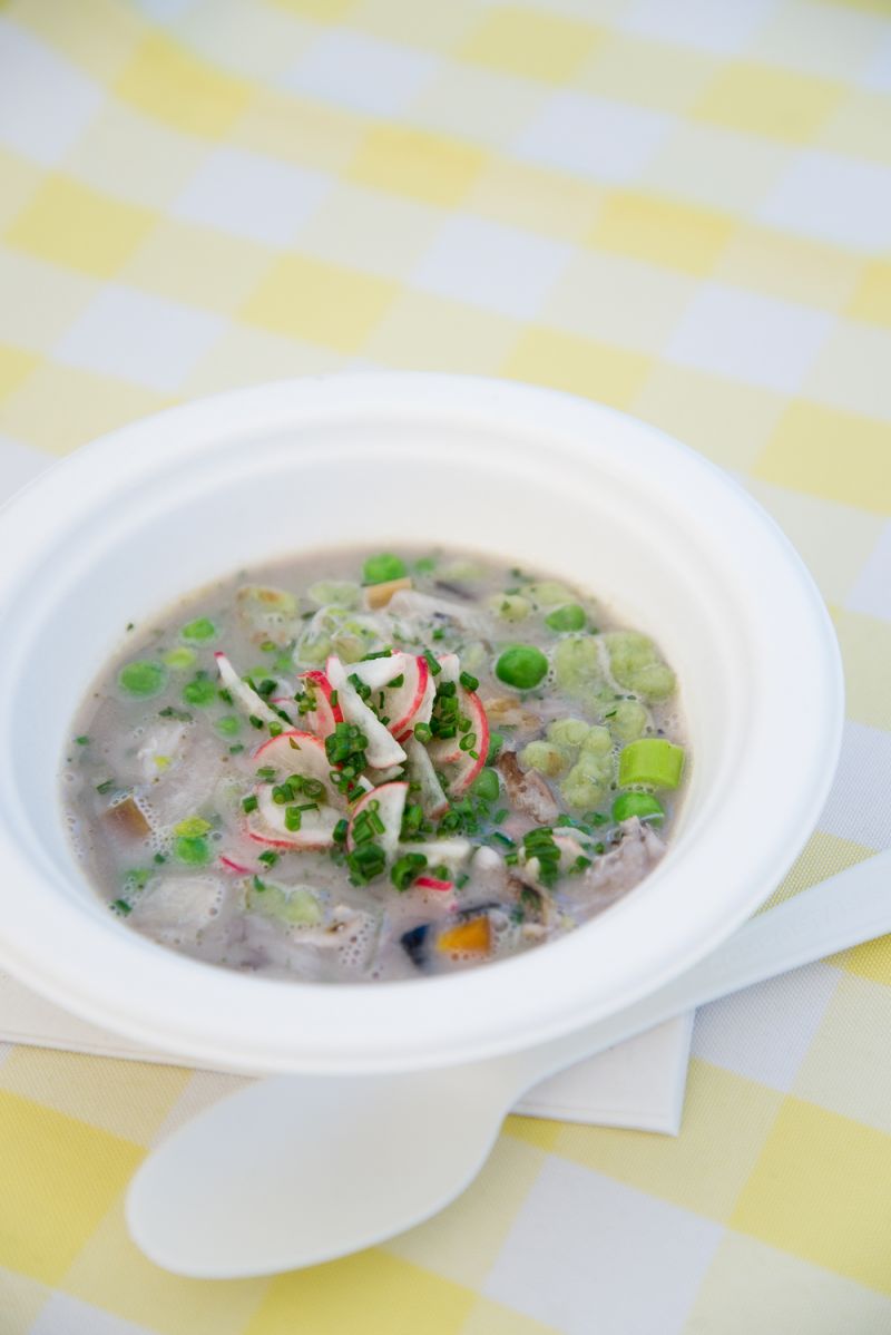 Spring vegetable and crab soup