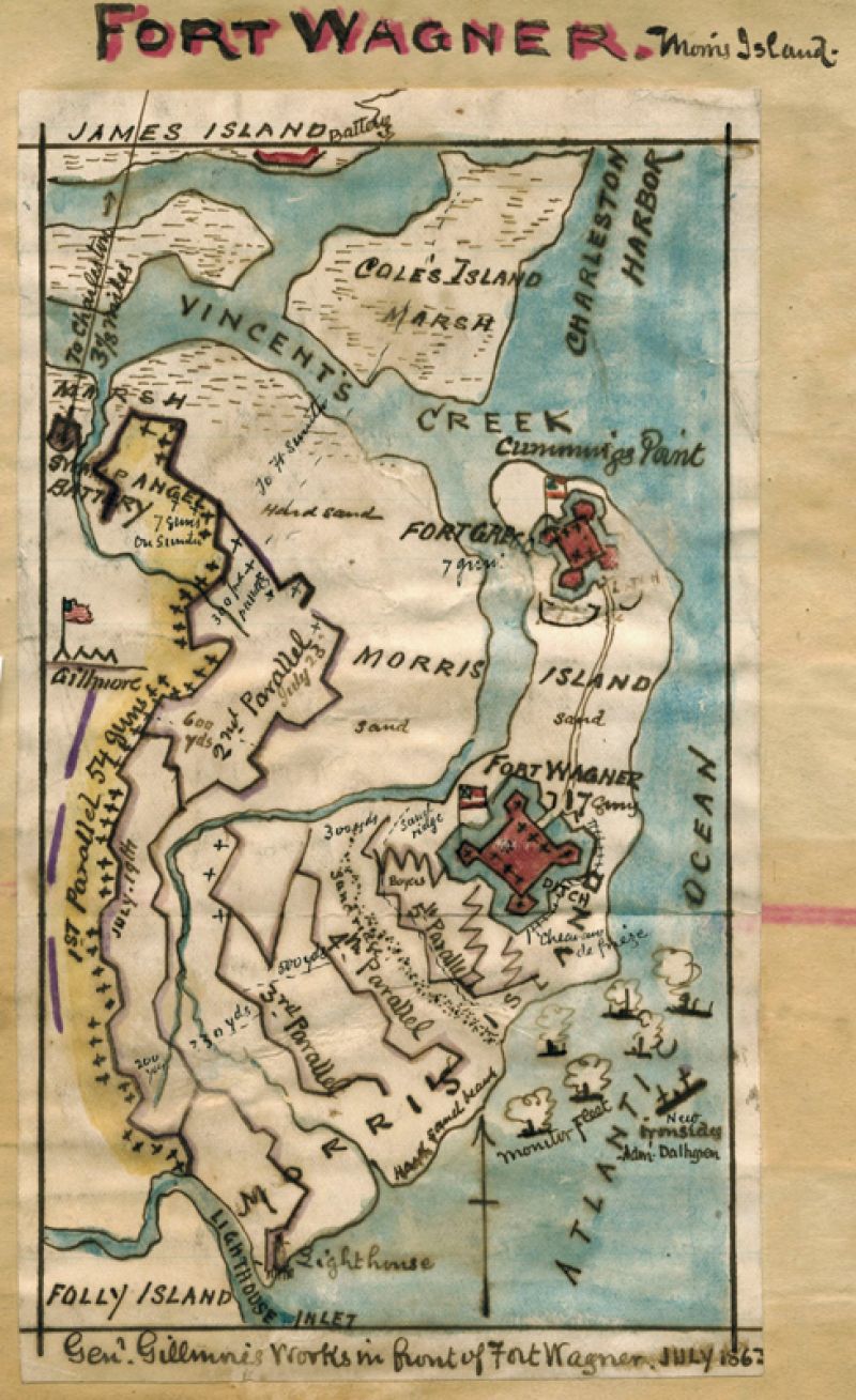 A map depicts the location of Fort Wagner, a heavily fortified Confederate encampment that—despite several bloody attempts—Union troops were never able to capture.