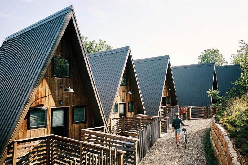 The lineup of elevated cabins at the Wrong Way River Lodge is an easy walk or bike ride from Asheville’s River Arts District. The name is a nod to how local river guides explain that the French Broad River, like the famous Nile, flows the “wrong way,” south to north.